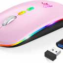 HOTLIFE LED Wireless Mouse, Slim Rechargeable Wireless Bluetooth Mouse, 2.4G Portable USB Optical Computer Mice with USB Receiver and Type C Adapter (Pink)