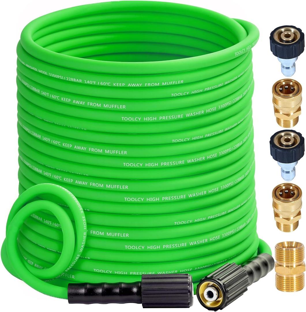 TOOLCY Flexible Pressure Washer Hose 1/4 x 100 FT 3300 PSI Kink-Resistant Lightweight Quick-Connect With Brass M22-14 mm Fittings Replacement Hose for Power Washer