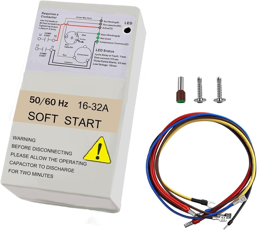 Air Conditioner Soft Start 16-32A, Soft Start Kit for Home Air Conditioner 47 Ton, Ac Start Kit For Home, Reverse Motor Protection, Complete Installation Kit