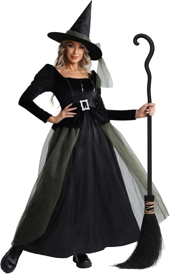 Womens Green Witch Costume Long Dress for Halloween, Cool Gothic Floor-Length Gown with Sleeves, Cosplay Party Outfit (M)