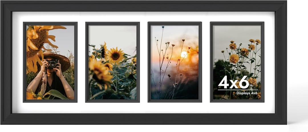 iRahmen 4x6 Collage Picture Frame with Tempered Glass - Wood Photo Frames Display Four Opening 4 x 6 Pictures with Mat, Home Decor Wall Mount, Black