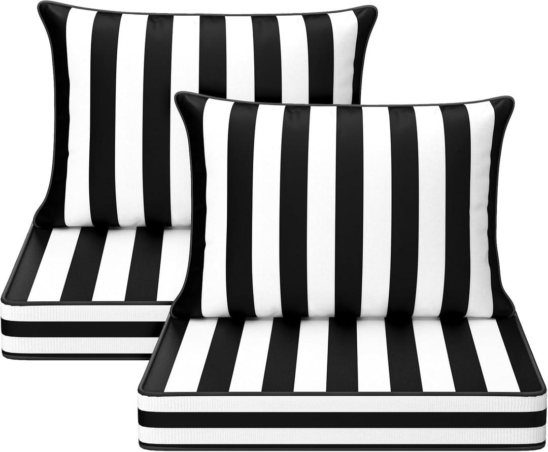 Black and White Stripe Outdoor Cushions Set of 2, 24x24 Inch Deep Seat and Back Cushions, Waterproof & Fade-Resistant, Removable Covers, Black Stripes