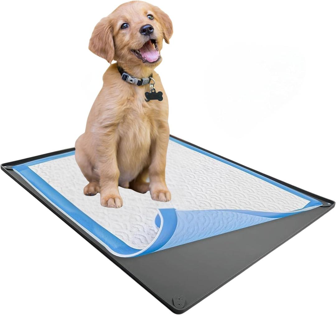 TidyFriend Puppy Pad Holder Tray Fits for 28 x 34 Pee Pads with Corner Lock Holes, Raised Edges, Non-Spill, Easy to Clean Silicone Puppy Potty Tray Holder, for Indoor Floor Protection (Grey)