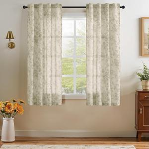 jinchan Linen Floral Curtains 63 Inch Length for Living Room Bedroom Light Filtering Farmhouse Peony Flower Drapes Rustic Window Curtain Set Rod Pocket Back Tab 2 Panels Green