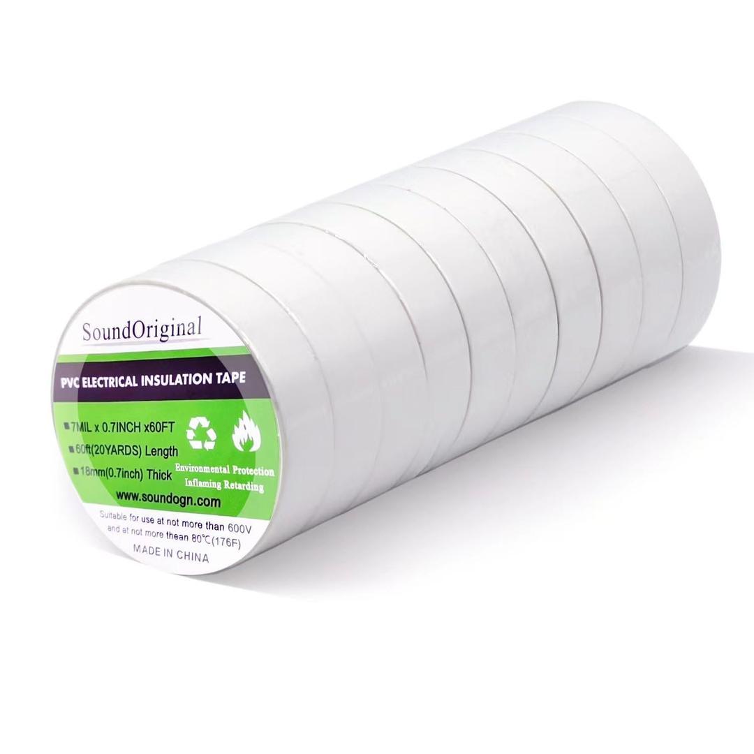 White Electrical Tape 10-Pack 0.7 Inch by 60 Feet Waterproof Industrial Grade UL/CSA Listed High Temp Electrical Tape Electric Super Vinyl (White 60ft10p)