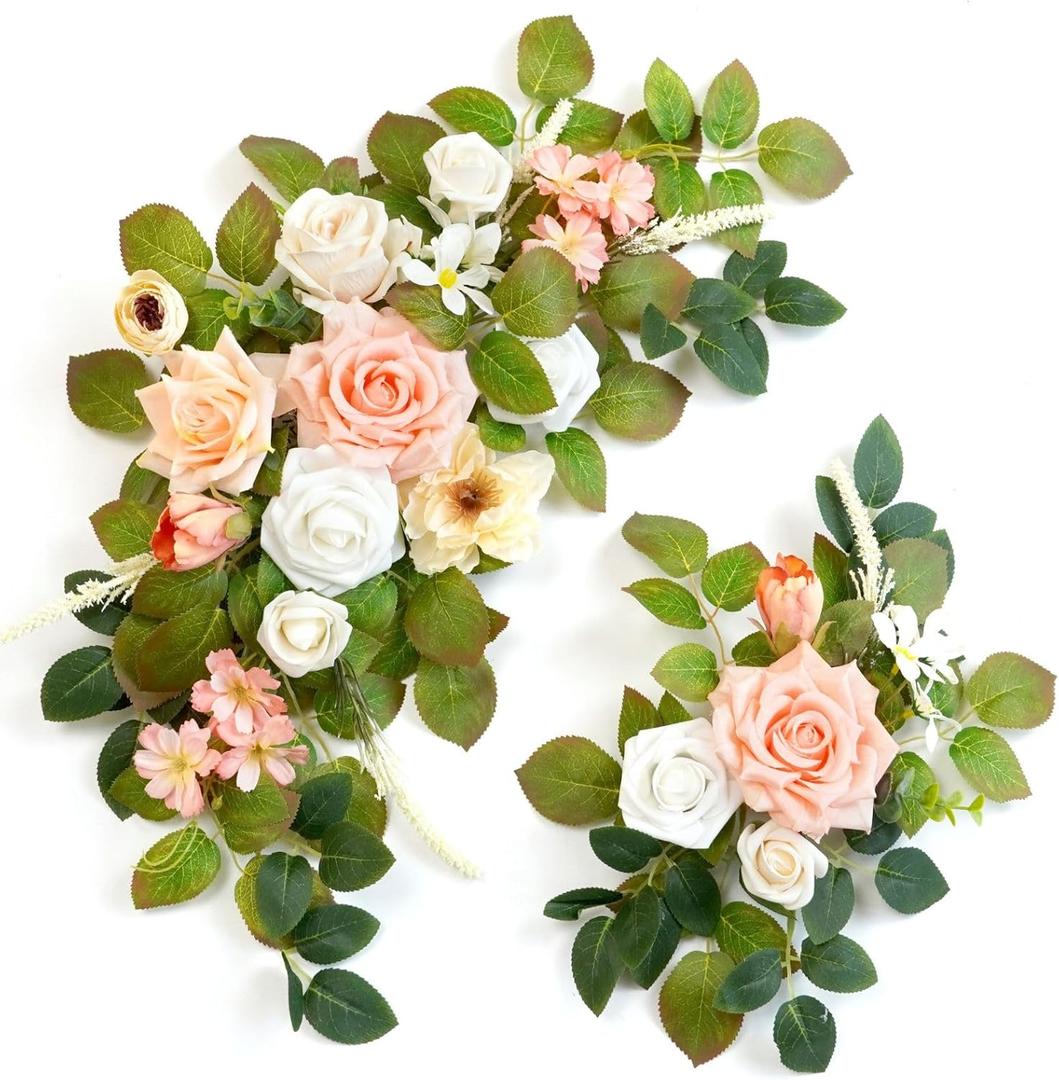 Wedding decor (pack of 2) Welcome Sign Flower Backdrop Garland for Ceremony Reception Wall Easel Home Decoration Entryway Faux Outdoor Board Head Table Decor (Flesh Pink & White)