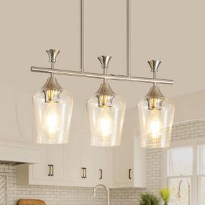 21.2" Dining Room Light Fixture/Chandelier Over Table, 3-Light Brushed Nickel Kitchen Island Lighting with Clear Glass Shade, Modern Hanging Pendant Lights Fixture for Kitchen Island, Dining Room, Bar