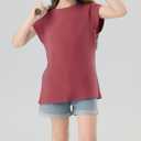 Girls Cap Sleeve T Shirts Kids Summer Crewneck Solid Tops Tees 5-14 Years (Red)