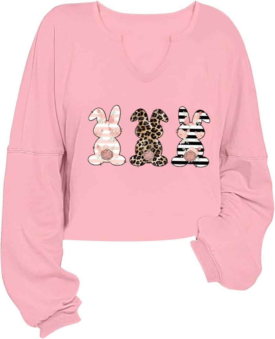 Women's Easter Bunny Sweatshirts Long Sleeve V Neck Cropped Cute Rabbit Shirts Graphic Tops (Pink, M)