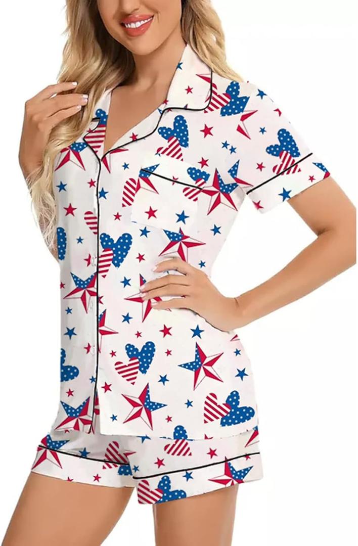 RUEWEY Women Satin Pajamas Set Star Print Buttton Down Shirt With Chest Pocket Shorts Lounge Set Sleepwear (Small, Sky Blue)