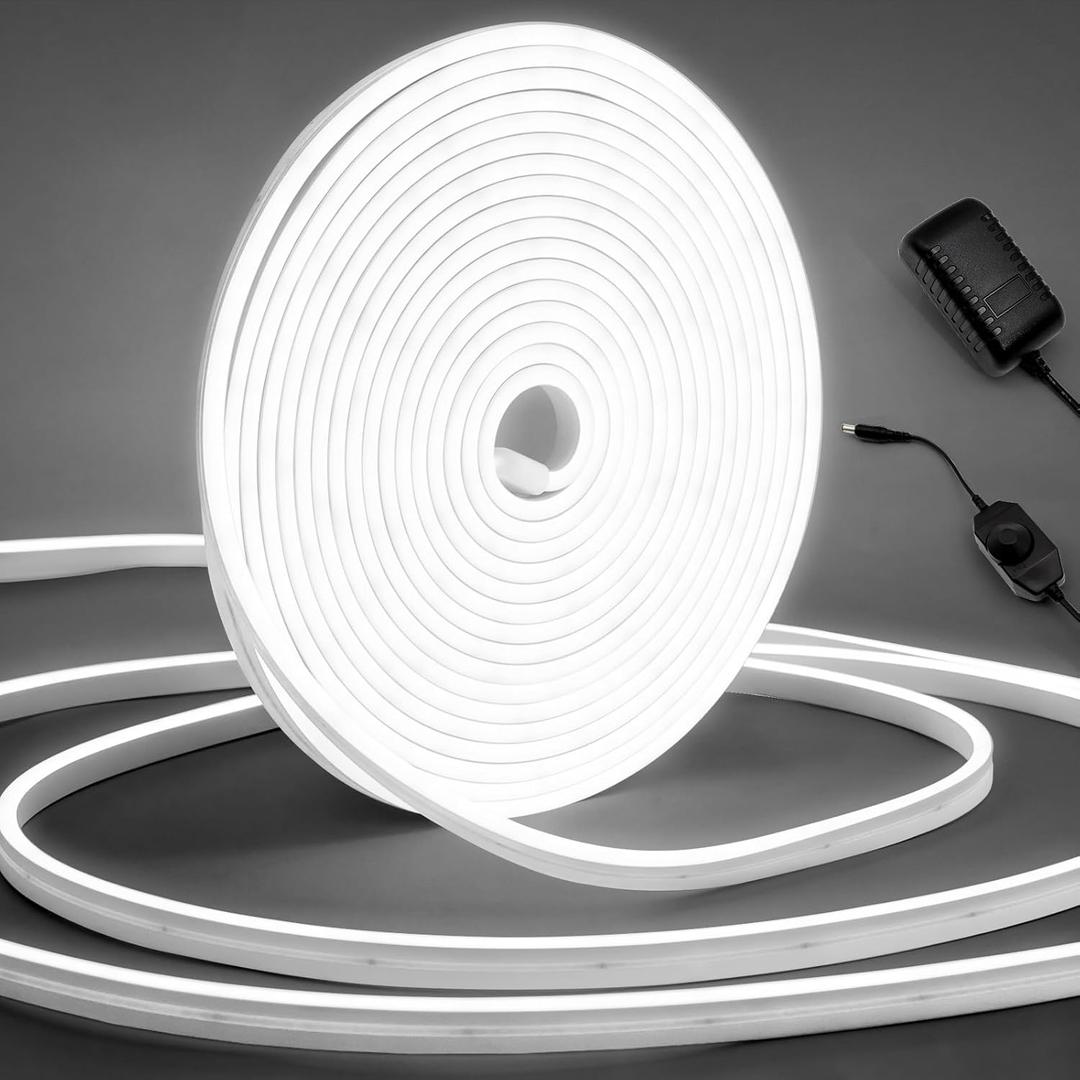 LED Neon Rope Light, 32.8Ft Cool White Dimmable Led Strip Lights, DIY Flexible Silicone Waterproof Neon Strip Lights for Bedroom, Living Room, Kitchen, Indoor, Outdoor (Power Adapter Included)