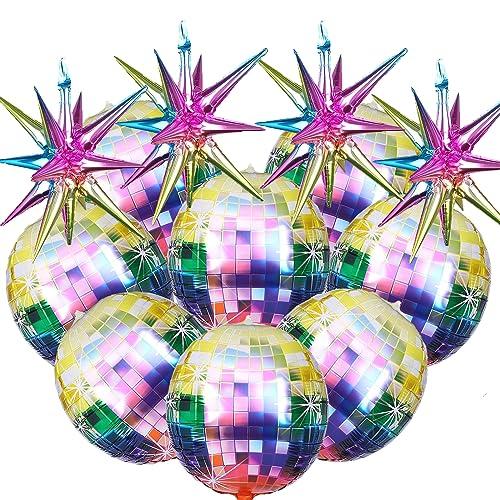 12PCS 70s Disco Party Decorations: 8 4D Metallic Mirror Foil Balloons & 4 Explosion Foil Cone Balloons (Rainbow)