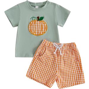 Toddler Boy Halloween Outfit Pumpkin Embroidery Short Sleeve Shirt Plaid Shorts Toddler Boy Halloween Clothes 2T 3T 4T (12-18 Months, Green)