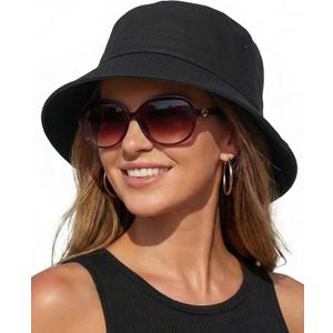 HONGTEYA Bucket Sun Hats for Woman Men Cotton Packable Summer Beach Sun Bucket Hats for Women Men Fishing Outdoor Vacation (Black)
