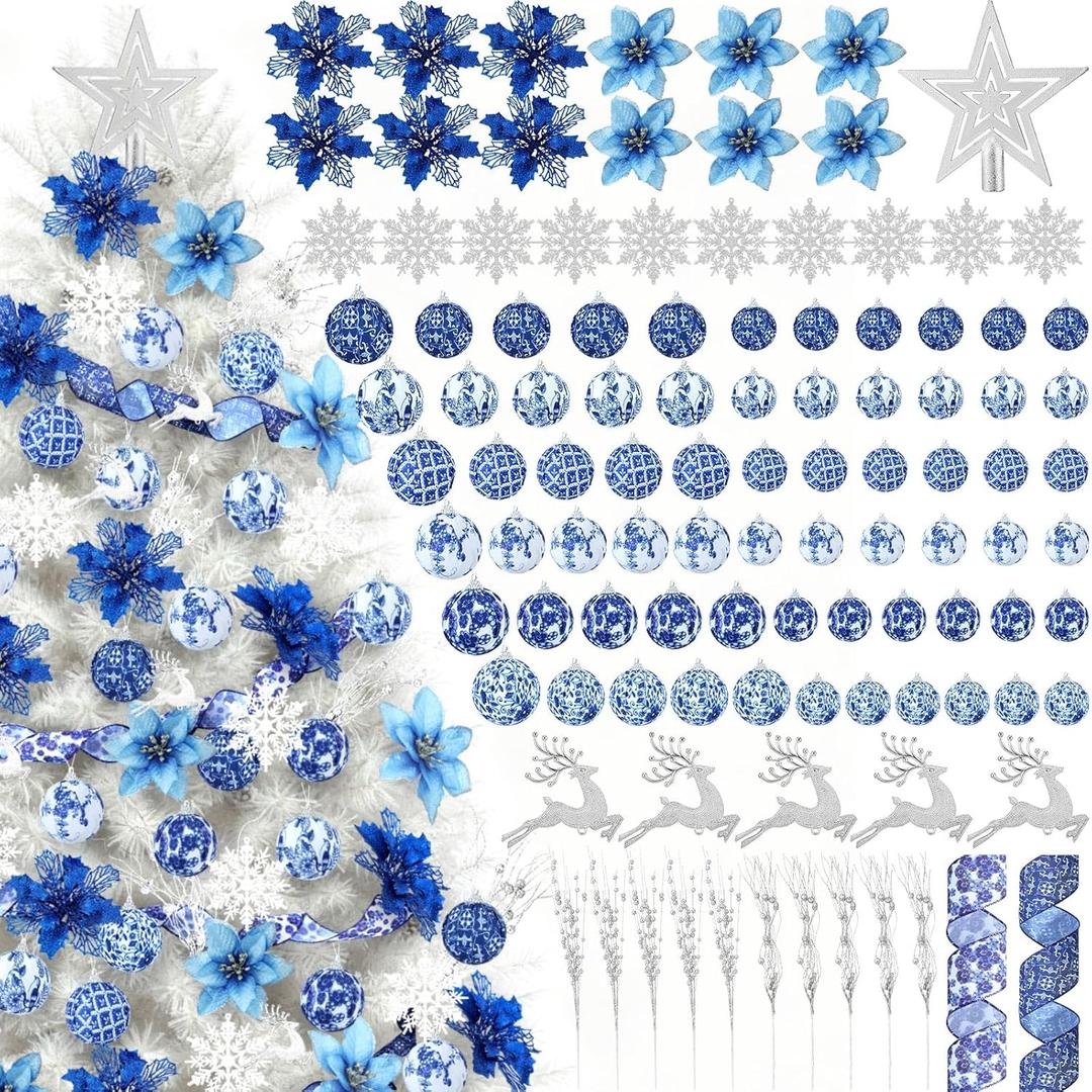 106 Pcs Blue and White Winter Tree Decorations Set Chinoiserie Christmas Ball Snowflake Ornament Star Tree Topper Ribbon Glitter Blue Artificial Poinsettia Silver Berry Stems for Xmas Trees
