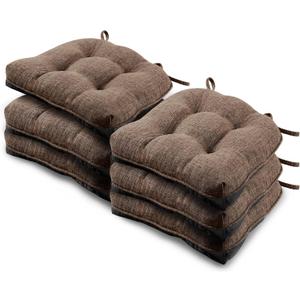 Basic Beyond Chair Cushions for Dining Chairs 6 Pack, Kitchen Chair Cushion with Ties and Non Slip Backing, 15.5 x 15.5 inches Tufted Chair Pads for Dining Chairs, Brown