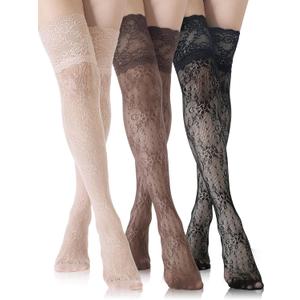 Fourluoo 3 Pairs Women's Lace Socks Thigh High Stocking with Lace Trim Fishnet Lolita Boot Socks Hollow over Knee Stockings (Medium, Black, Skin Color, Brown)