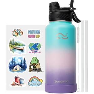 [2-IN-1 LID] Insulated Water Bottle with Silicone Boot (36hrs Cold/18hrs Hot) - DIY Stickers, Leakproof, BPA Free, 32 oz (Hydrangea)