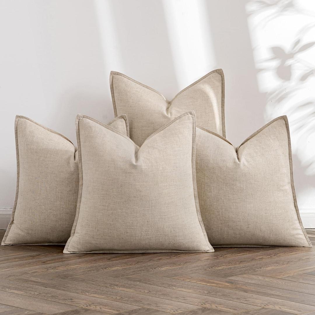 MIULEE Beige Linen Pillow Covers Pack of 4 Decorative Natural Solid Throw Pillow Covers Soft Accent Boho Farmhouse Couch Pillowcases Modern Spring Home Decors for Living Room Bed Sofa 18x18 Inch