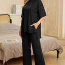 PrinStory Women's Pajamas Sets 2 Piece Lounge Set Short Sleeve Tops and Long Pants Soft Pjs Loungewear with Pockets (Black, XXL)