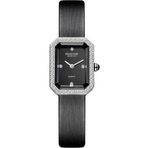 ROCOSJEWE Square Luxury Dress Watch, Small Black Dial with Diamond Accents, Silver Bezel & Black Leather Band, Elegant Retro Wrist Watch, Waterproof Women's Quartz Watch, Ideal Gift for Her R0249