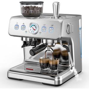COWSAR Commercial Espresso Machine 15 Bar, Semi-Automatic Espresso Maker with Bean Grinder & Milk Frother Steam Wand, Removable Water Reservoir, Self-Cleaning, Ideal for Cappuccino, Stainless Steel