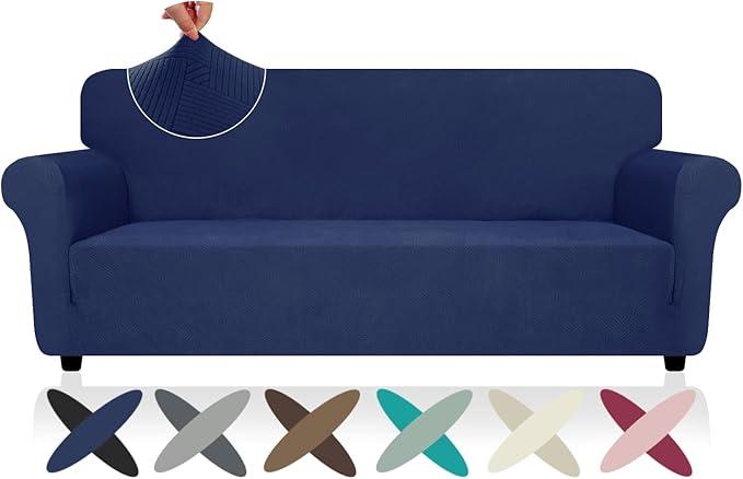 ZNSAYOTX Super Stretch Sofa Cover (72"-92"), New Striped Sofa Covers Fitted Slipcovers with Elastic Bottom, Dog Cat Pets Proof Spandex Washable Fabric Comfortable & Durable (Navy Blue, Sofa)