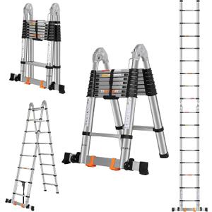 DEZEX A Frame Telescoping Ladders 16.5 FT Stainless Steel,Telescopic Ladder 330lbs Capacity Compact Ladder with Balance Bar and Movable Wheels,Multi-Purpose Collapsible Ladder for Indoor Outdoor Work