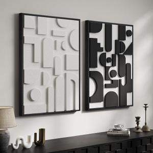 Large 3D Textured Framed Black and White Abstract Wall Art for Living Room, Set of 2 Modern Paintings Artwork for Walls, Minimalist Geometric Pictures for Bedroom Hallway Office Wall Decor 24x36 In