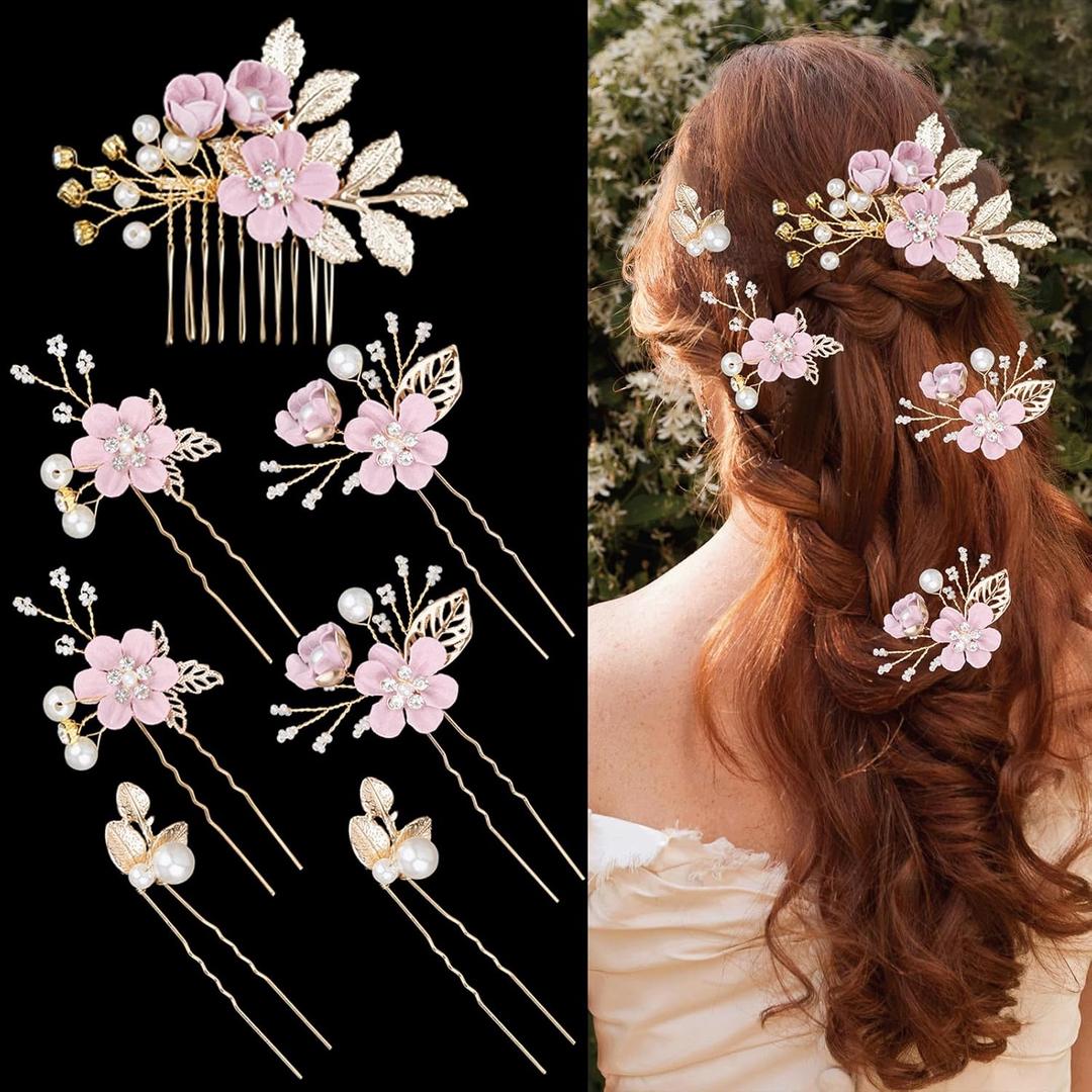 7 PCS Bridal Flower Wedding Hair Clips Crystal Pearl Hair Pins Headpiece Side Bridal Comb Gold Wedding Hair Accessories Jewelry for Brides Bridesmaids Women Girls Updo(Purple) (Romantic Lilac Purple)