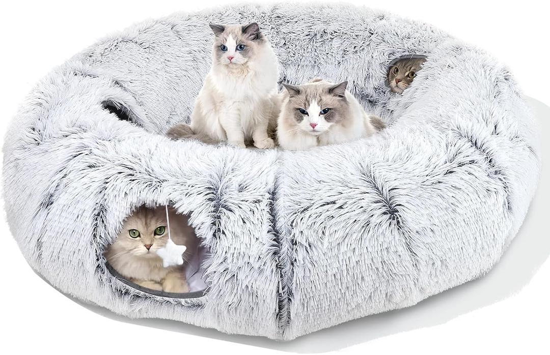 Cat Tunnel Bed for Indoor Cats, XL Christmas Tree Skirts Washable Warm Soft Indoor Cat Donut Tunnel, Multifunctional Cat Interactive Playground Toys for Felines Pet Christmas Tree Decoration