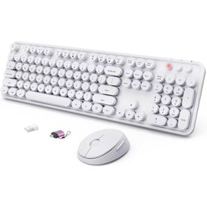 Wireless Keyboard and Mouse Combo, Ergonomic Full Size Typewriter Retro Round Keycaps Keyboard, Compatible with Windows, PC, Perfer for Home and Office Keyboards（White）