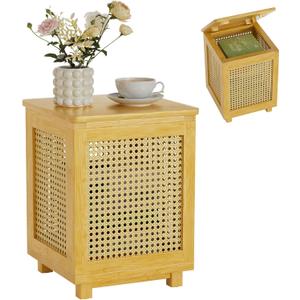 End Table for Living Room, Small Side Table with Storage, Bamboo Rattan Weave with Removable Cushion Top, Multifunctional Nightstand Ottoman Footrest Seat & Organizer for Bedroom, Office (Natural Wood Color)