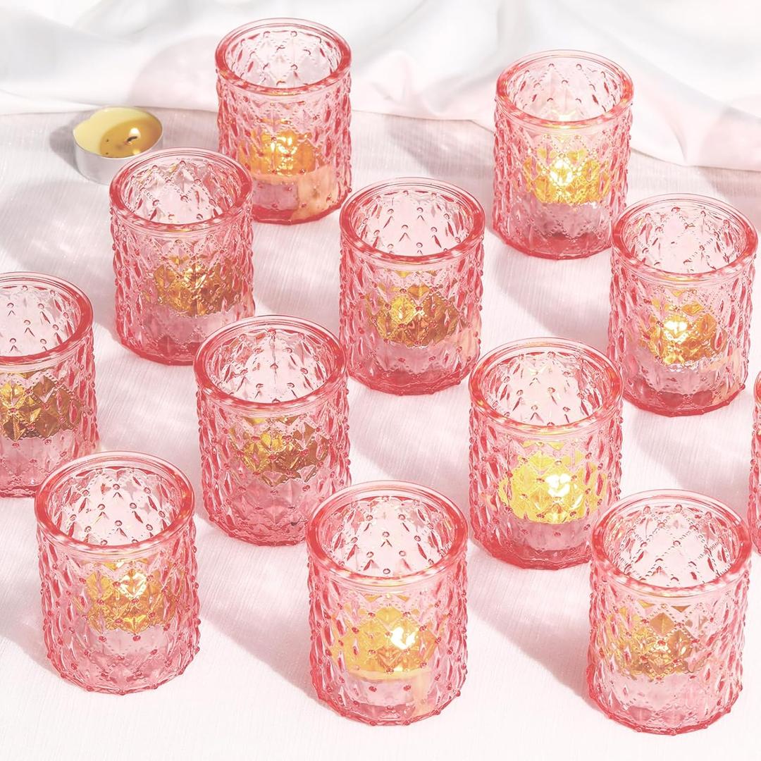 Maxdot 48 Pack Pink Glass Votive Candle Holders 2.1 x 2.6 Inch Valentine Tea Light Candleholder Bulk Xmas Glass Tealight Candlestick Holders for Table Centerpiece Home Wedding Valentine Party Decor