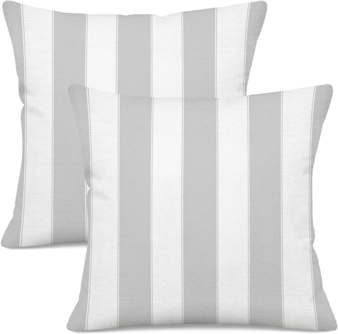 Grey and White Striped Decorative Throw Pillow Covers 18x18 Inch, Set of 2 Boho Farmhouse Cushion Cases for Sofa Couch Living Room Outdoor Patio, Modern Home Decor