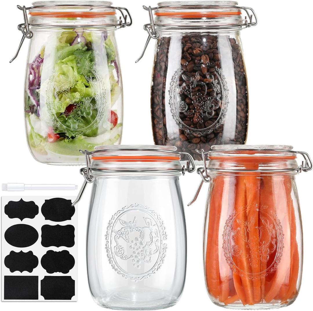 32oz Wide Mouth Glass Jars 4 Pack with Airtight Hinged Lids, Large Clear Kitchen Canisters with Measurement Marks & Decorative Fruit Design for Flour, Coffee, Beans, and Canning (4pack-32oz)