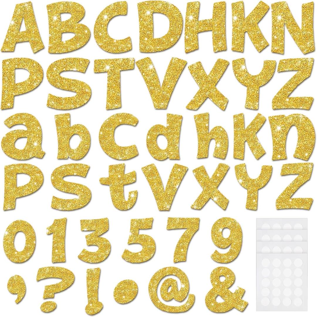 Colarr 216 Pcs Glitter Bulletin Board Letters for Classroom Number Alphabet Punctuation Symbol Cutout 4'' Die-Cut Poster Letter with Adhesive Dot School Party Holiday Decor Display(Gold)