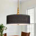 Shrine Lighting Drum Chandeliers, Farmhouse Style, Perfect Drum Pendant Light for Dining Room, D20'' x H7'', Adjustable Chains 59'', E26*3 Sockets, Black Linen Fabric Lampshade & Gold Rod