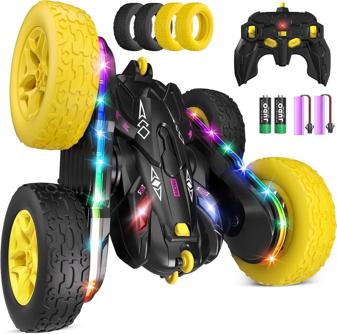 Jimdella Remote Control Car,RC Cars with Sides Light Strip and Headlights,Double Sided 360 Flips Rotating RC Stunt Car,2.4Ghz All Terrain Toys for Ages 4-8 Kids Toy for Boys Birthday Gift(Black)