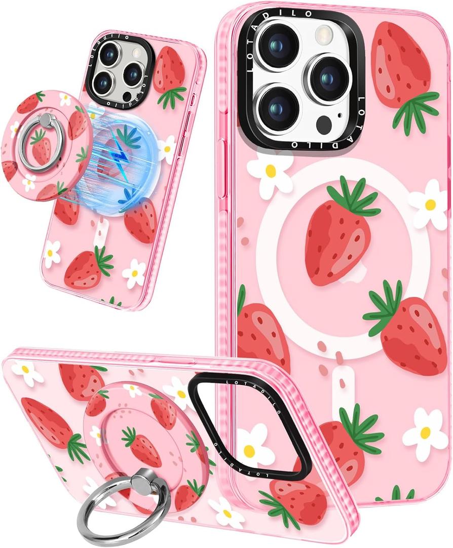 for iPhone 14 Pro Max Case for Women - Cute Design Girls Compatible with Magsafe Magnetic Ring Holder Stand Strawberry Flower Phone Covers Aesthetic Girly TPU Funda for 14 Pro Max