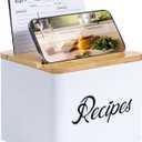 White Stainless Steel Recipe Box - Bamboo Lid With Phone Holder, Phone Stand and Recipe Card Holder - Includes Set of 50 3.9"x5.9" Recipe Cards and 12 Recipe Card Dividers