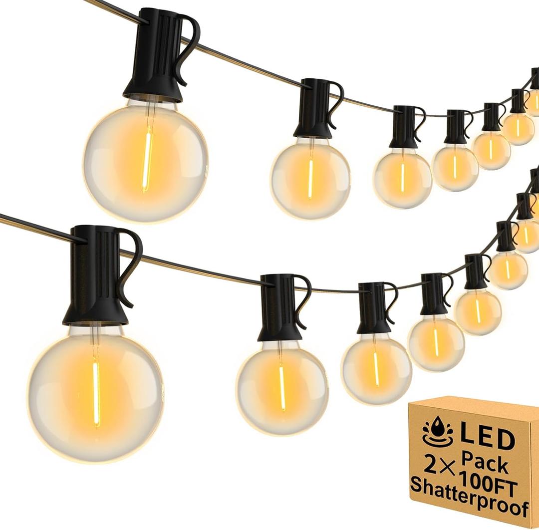 200ft 2-Pack Outdoor String Lights,Dimmable G40 LED String Lights with 104 Shatterproof Clear Bulbs UL Approval Waterproof Globe 1W 2700K Outdoor Lighting for Backyard Porch Cafe Party Wedding Garden (Black Wire)