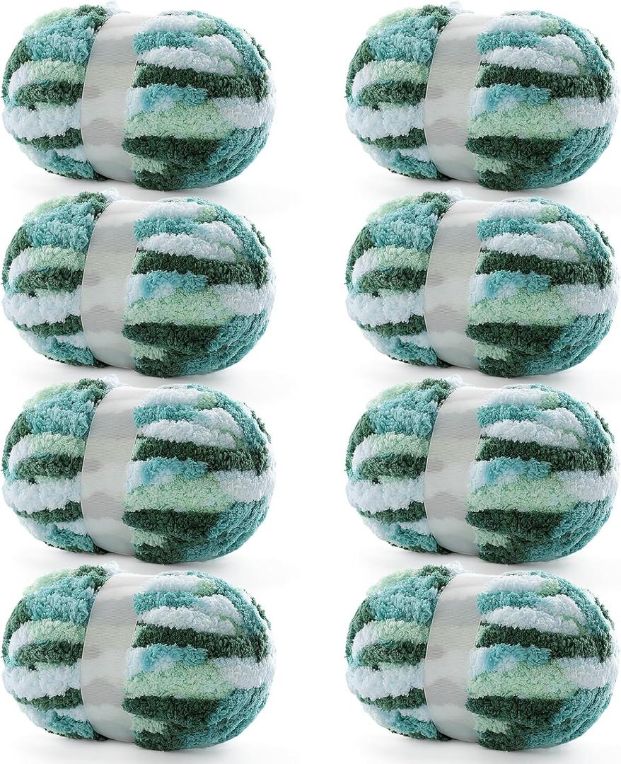 8 Pack Chunky Yarn for Hand Knitting - Chenille Blanket Yarn for Crocheting Blankets - 228 Yds/61.6 Oz Rainbow Ombre Yarns - Super Bulky Soft Thick Mixed Color Jumbo Yarns (8, Mint-Teal-Green)
