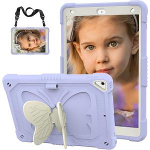 For iPad 9th 8th 7th Generation Case for Kids Girls with Pencil Holder, for iPad 10.2 Case with Butterfly Stand Shoulder Strap Shockproof Full Body Protective Cover for iPad Air 3rd Gen, Purple