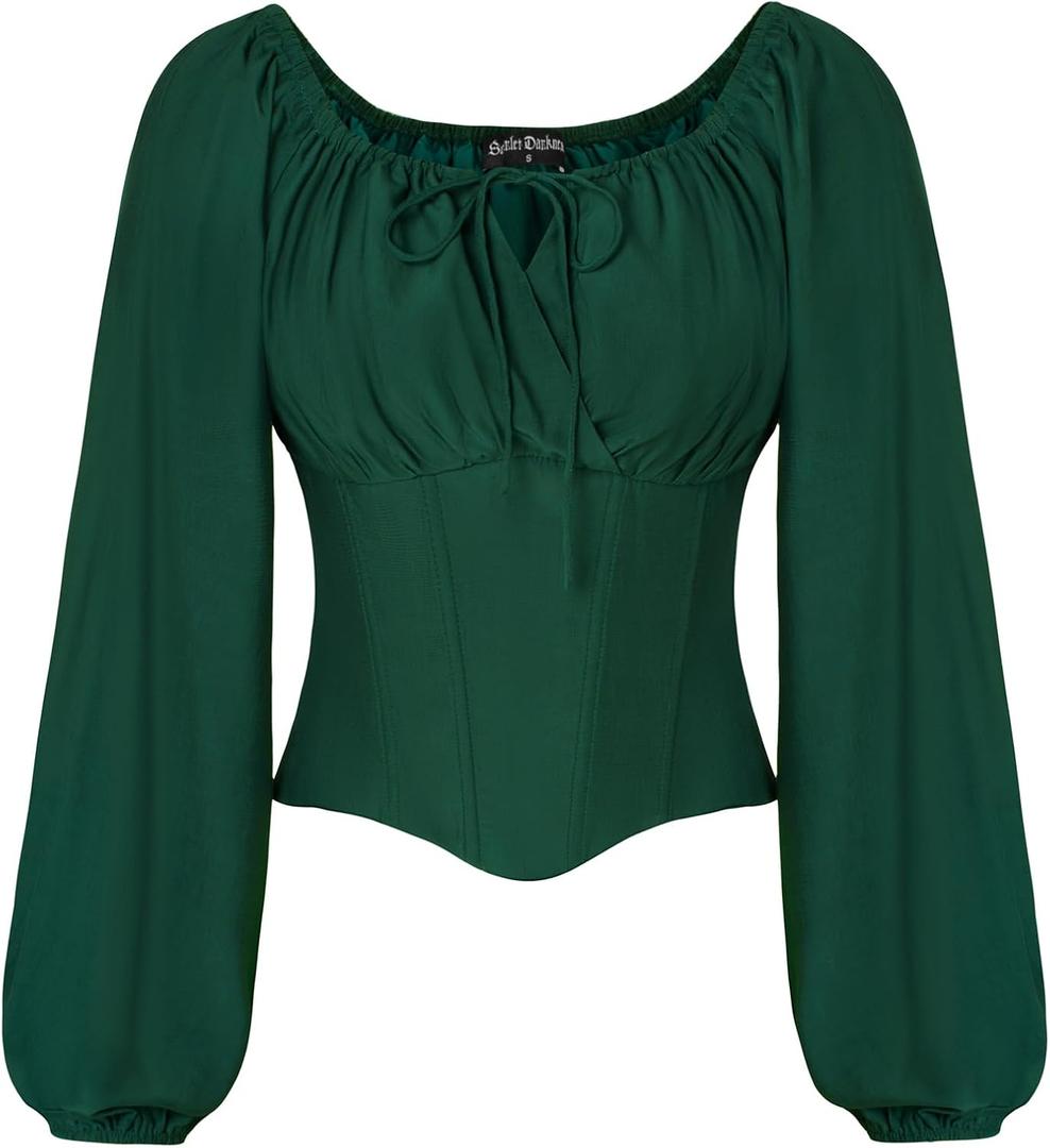 SCARLET DARKNESS Corset Tops for Women Elastic Neckline Renaissance Shirt Peasant Blouse (Large, Green)