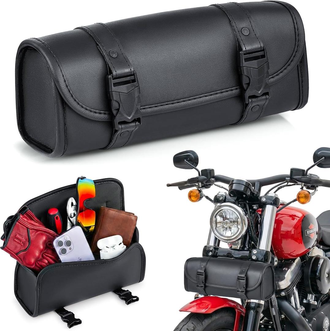 Nomad Motorcycle Tool BagUniversal Handlebar PouchWaterproof Cruiser Biker Roll Bag Front Fork or Saddlebag Storage (Black)