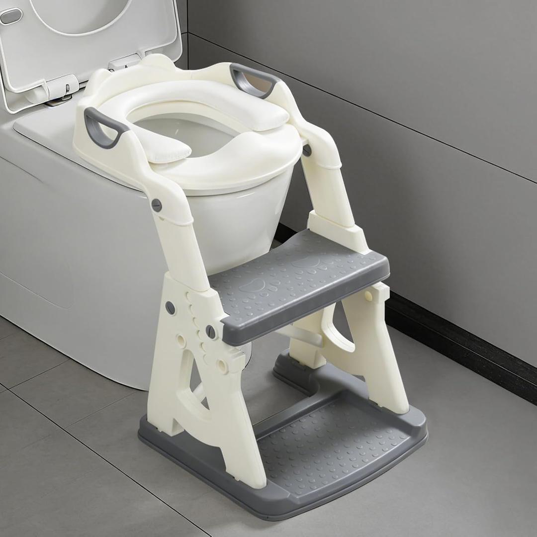 Potty Training Toilet Seat, Stable Potty Training Seat with Step Stool, 2 in 1 Toddler Toilet Seat with Steps for Kids Boys Girls, Toddler Potty Seat with Ladder, Splash Guard, Anti-Slip Pads (Gray)