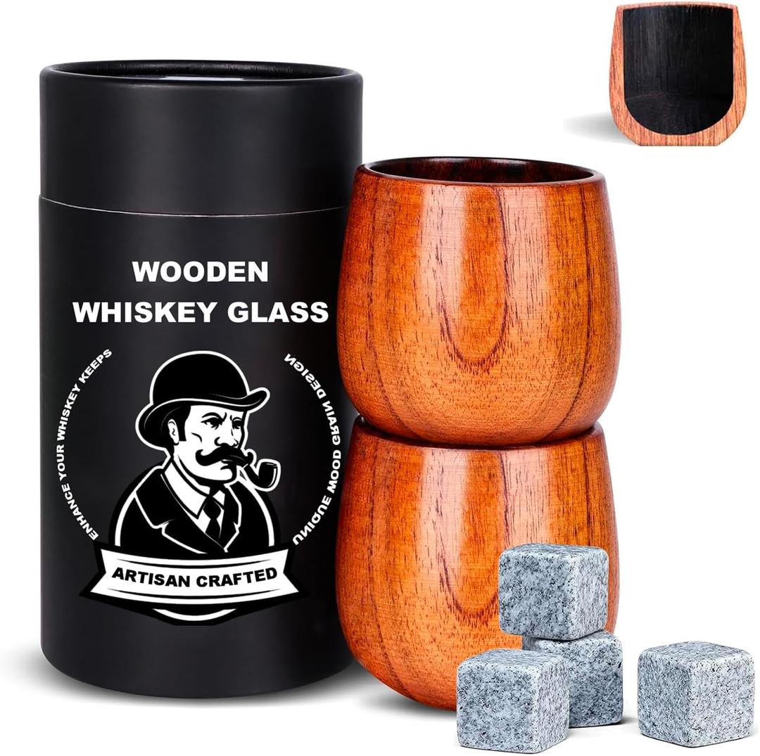 2 Pack Charred Wooden Whiskey Glasses  Bourbon Tumblers for Men with Burnt Interior  Old Fashioned Cocktail Cups  Gifts for Dad, Men, Brother, or Whiskey Lovers