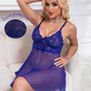 LYNVEBYA Women Lace Babydoll Lingerie Polka Dots Mesh Sleepwear Sets Blue X-Large