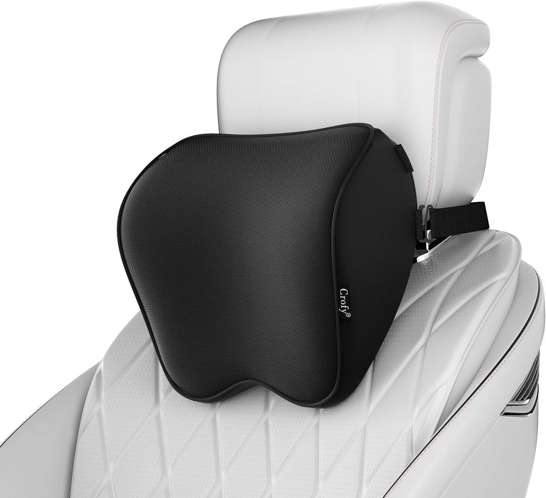 Crofy 2-Pack Car Neck Pillow, Softness Car Headrest Pillow for Driving with Adjustable Strap, 100% Memory Foam and Breathable Removable Cover, Comfortable Ergonomic Design, Black